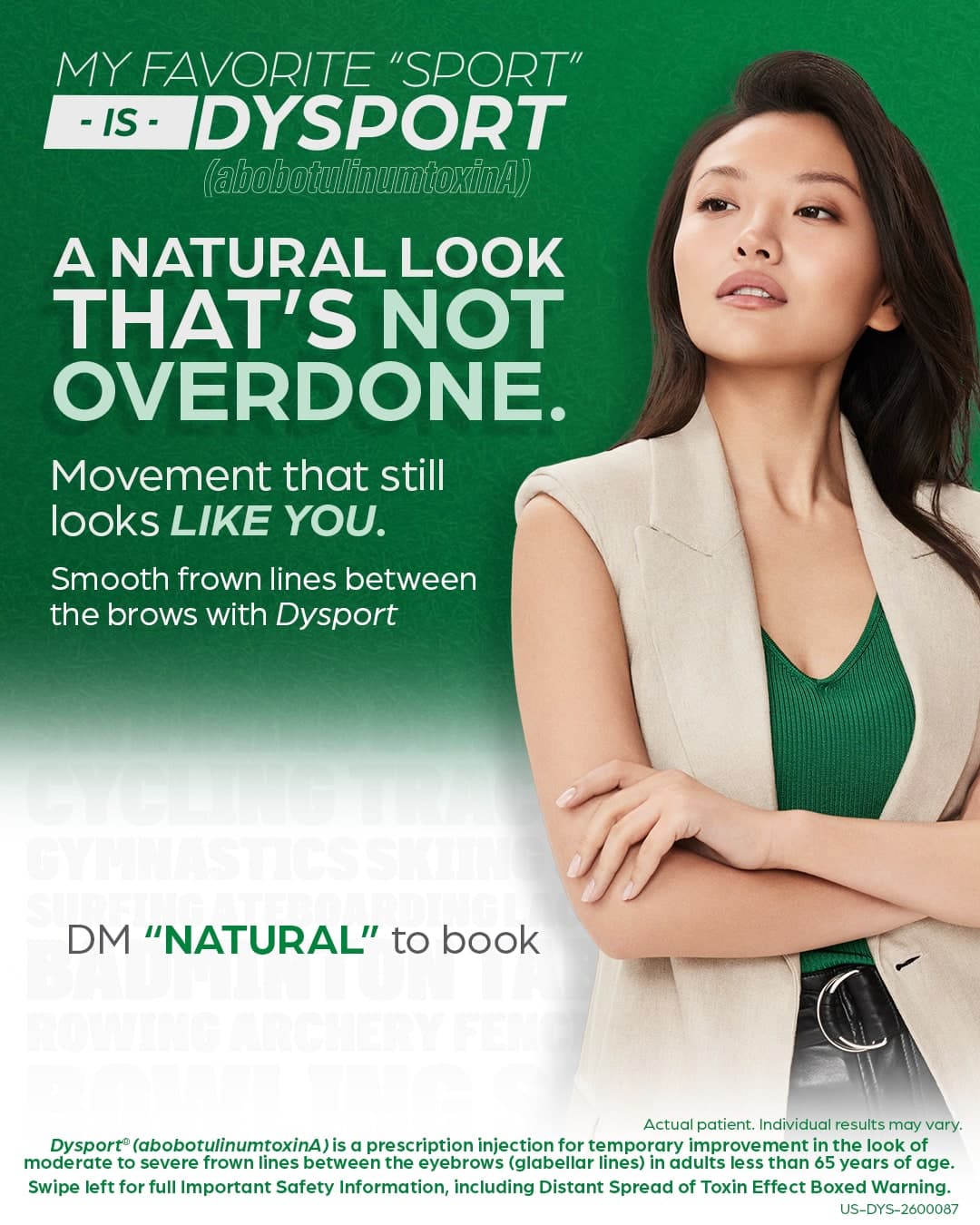 Galderma Dysport campaign image: a natural look that is not overdone, smoothing frown lines between the brows. Actual patient.